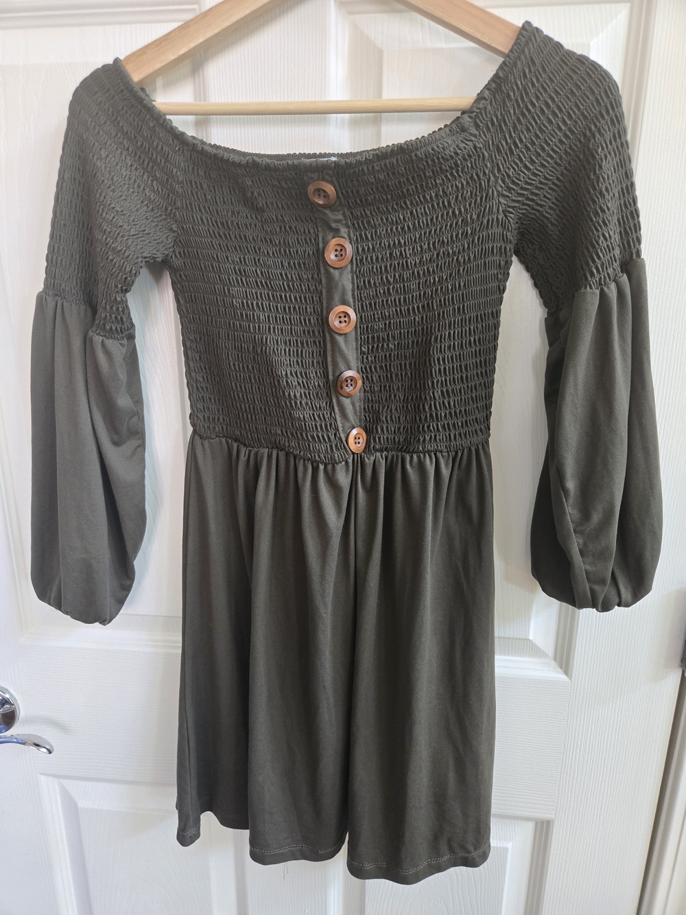 Justice Olive Green Smocked Mini Dress with Wooden Buttons